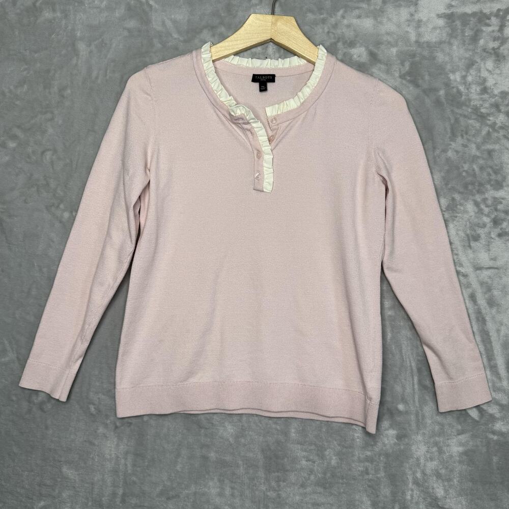 Talbots Petites Sweater Womens Medium Petite Pink Ruffle Henley Romantic Cottage